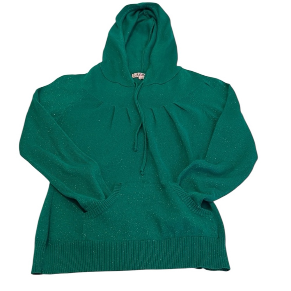 JJ Originals size small green with metallic threads hooded sweater pockets EUC